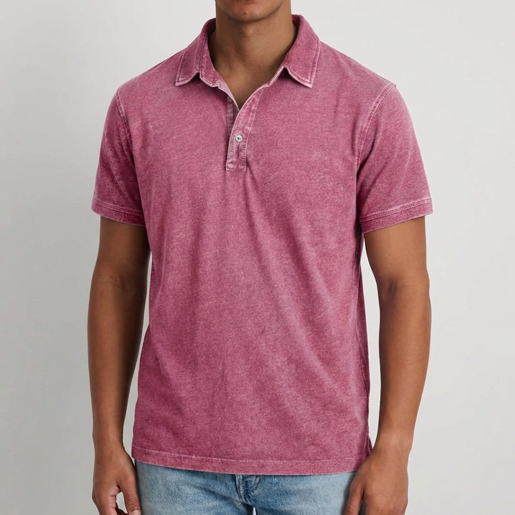 Polo uomo rosa antico effetto lavato con colletto aperto e maniche corte