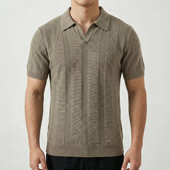 Polo uomo beige a maniche corte con bordi a costine su polsini e fondo, texture verticale
