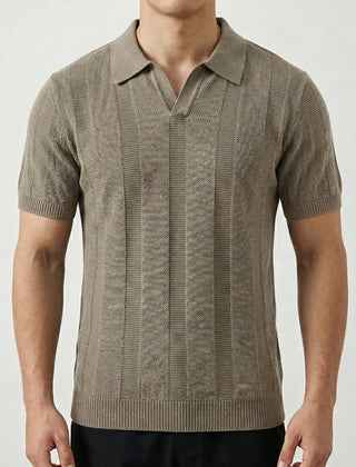 Polo uomo beige a maniche corte con bordi a costine su polsini e fondo, texture verticale