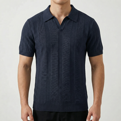 Polo uomo blu navy maniche corte, scollo a V con collo aperto e lavorazione a rilievo