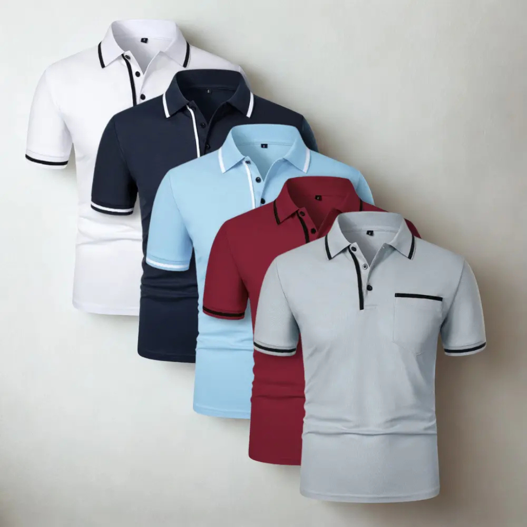 Cinque polo uomo bianche, blu scuro, azzurre, rosse e grigie con bordi a contrasto