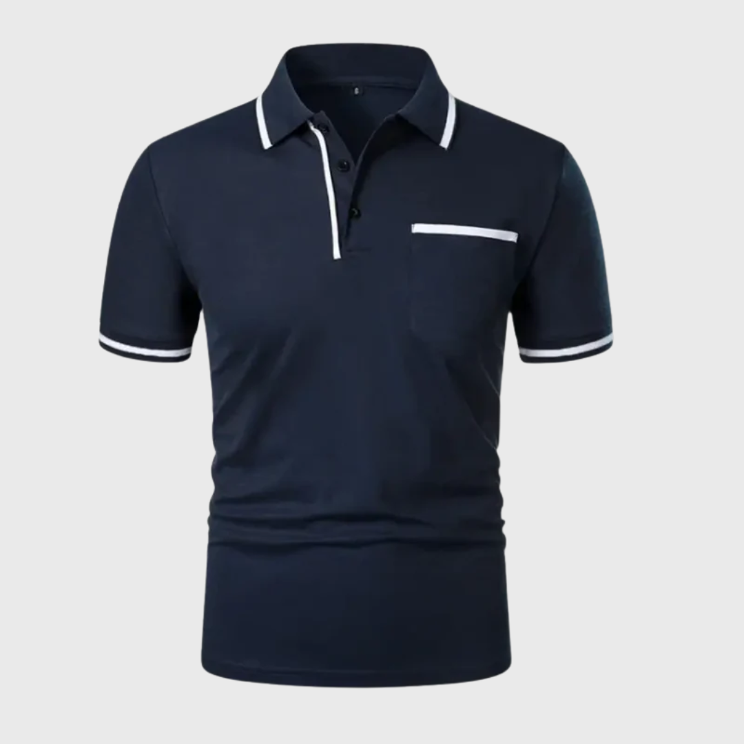 Polo uomo blu scuro vista frontale con righe bianche e taschino applicato