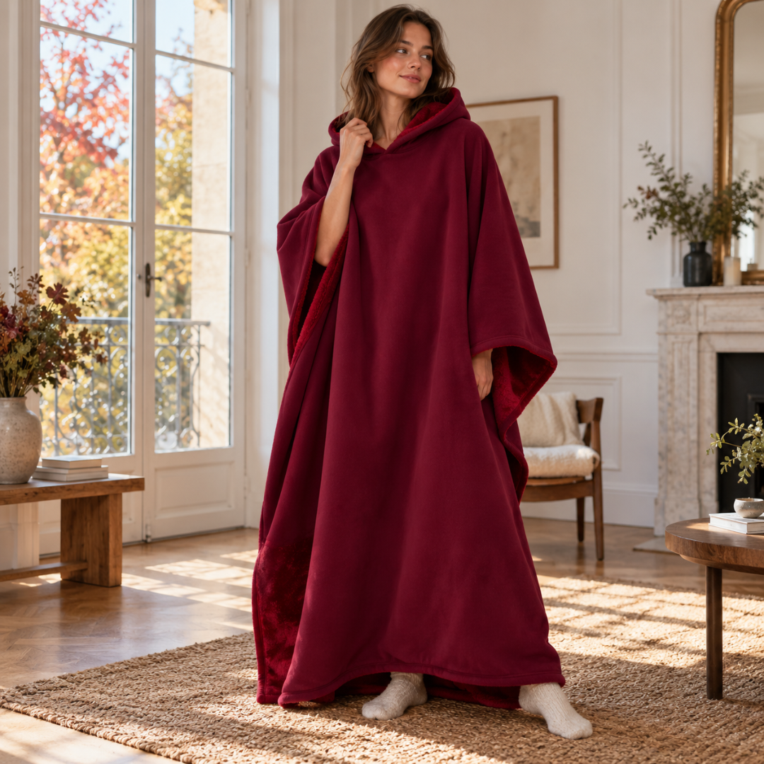 Poncho bordeaux con cappuccio, linea lunga fino ai piedi, indossato in piedi