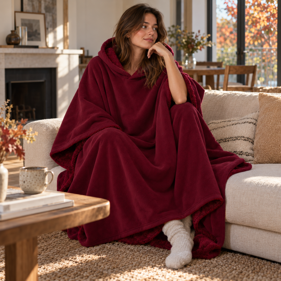 Poncho bordeaux con cappuccio seduta sul divano, rovescio a pelo lungo visibile