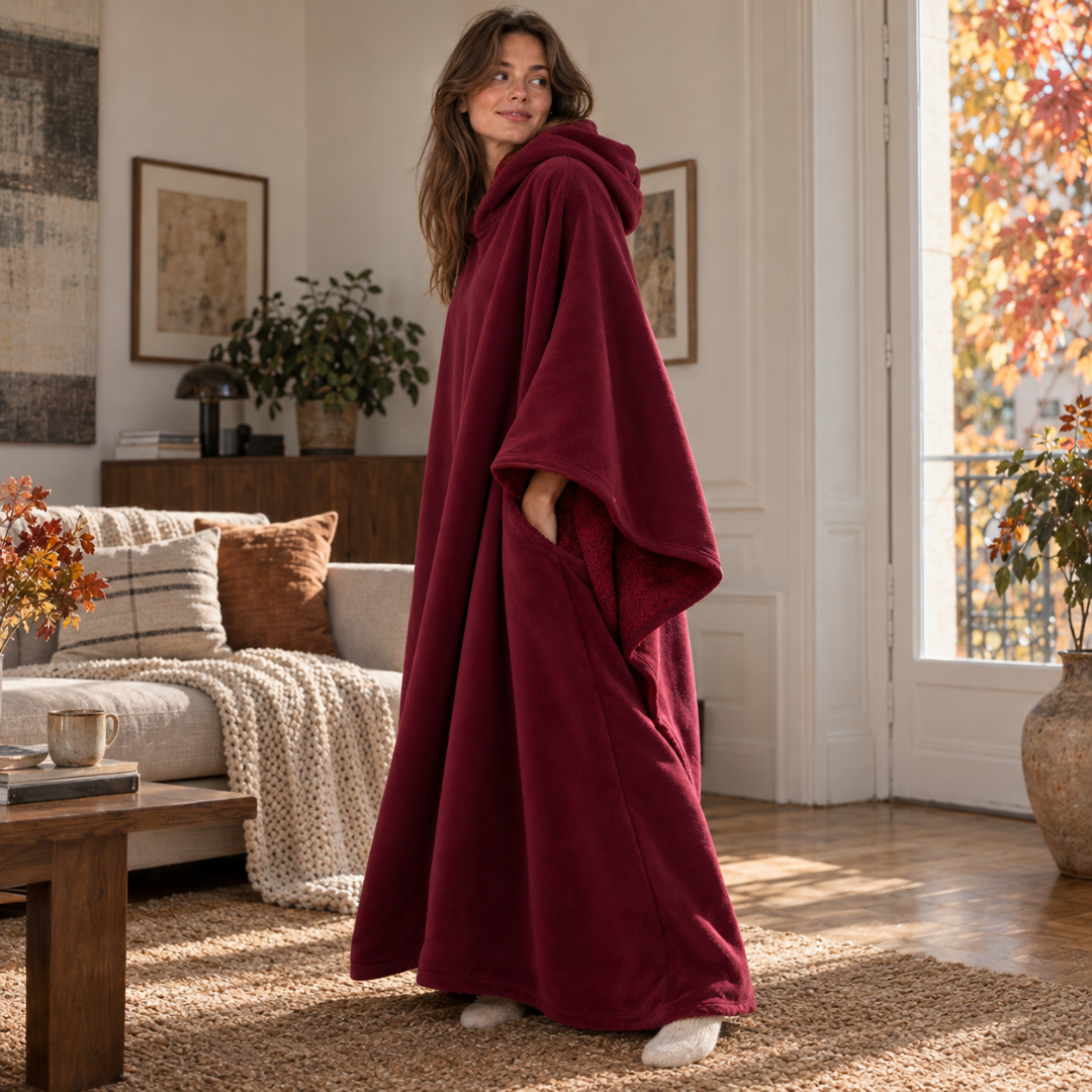 Poncho bordeaux di profilo, lato aperto e interno a pelo lungo a contrasto