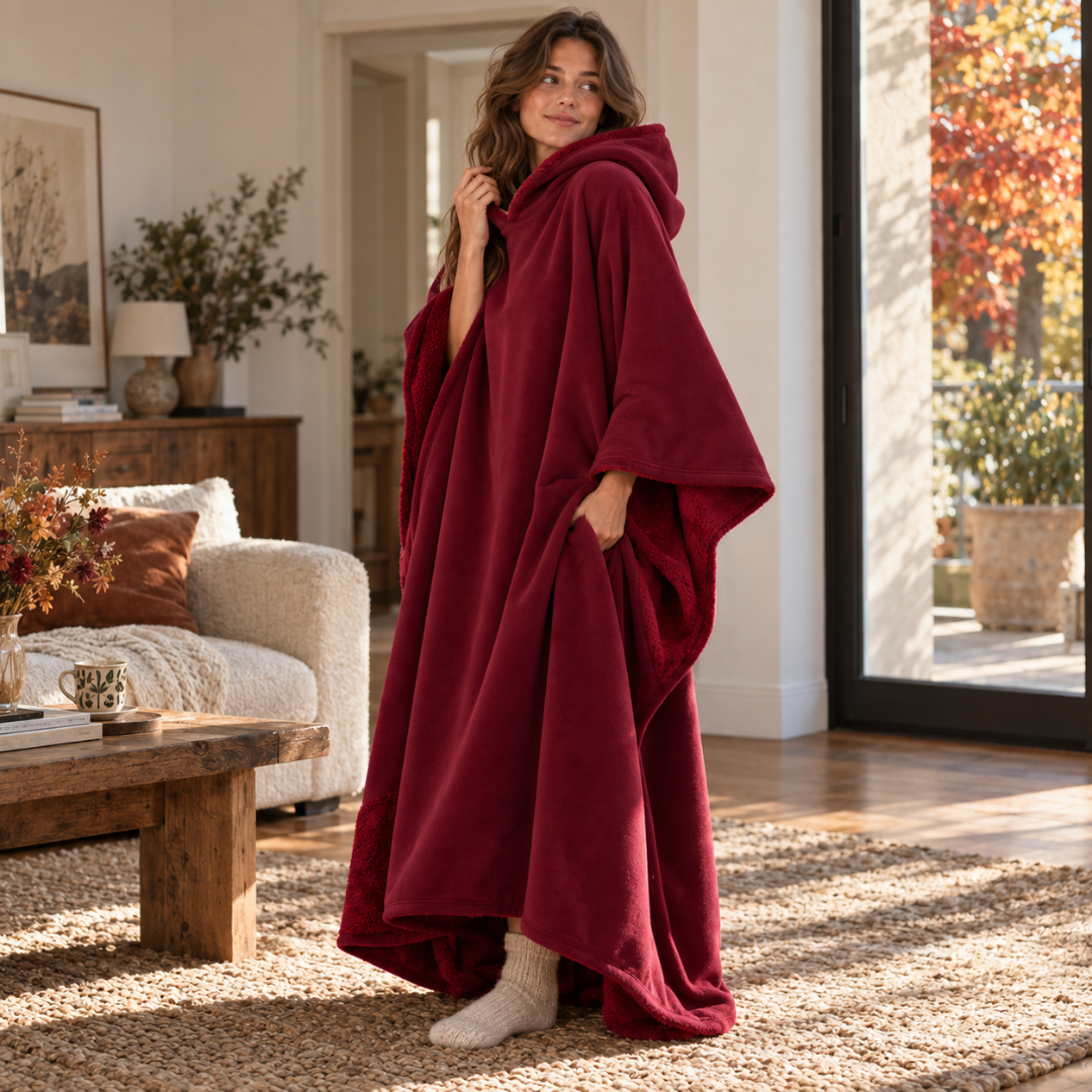 Poncho bordeaux con cappuccio alzato e ampia scesa del tessuto sul davanti