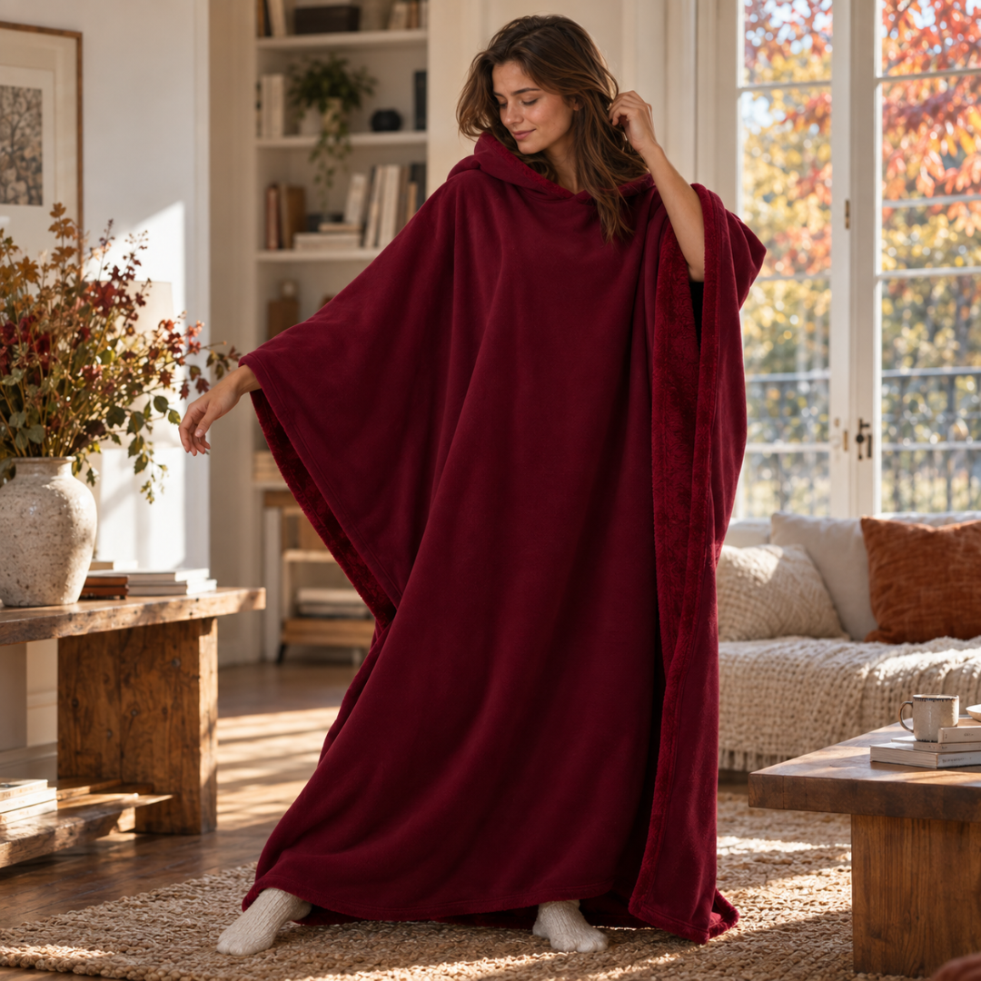 Poncho bordeaux aperto sulle braccia, bordi con rovescio a pelo lungo a vista