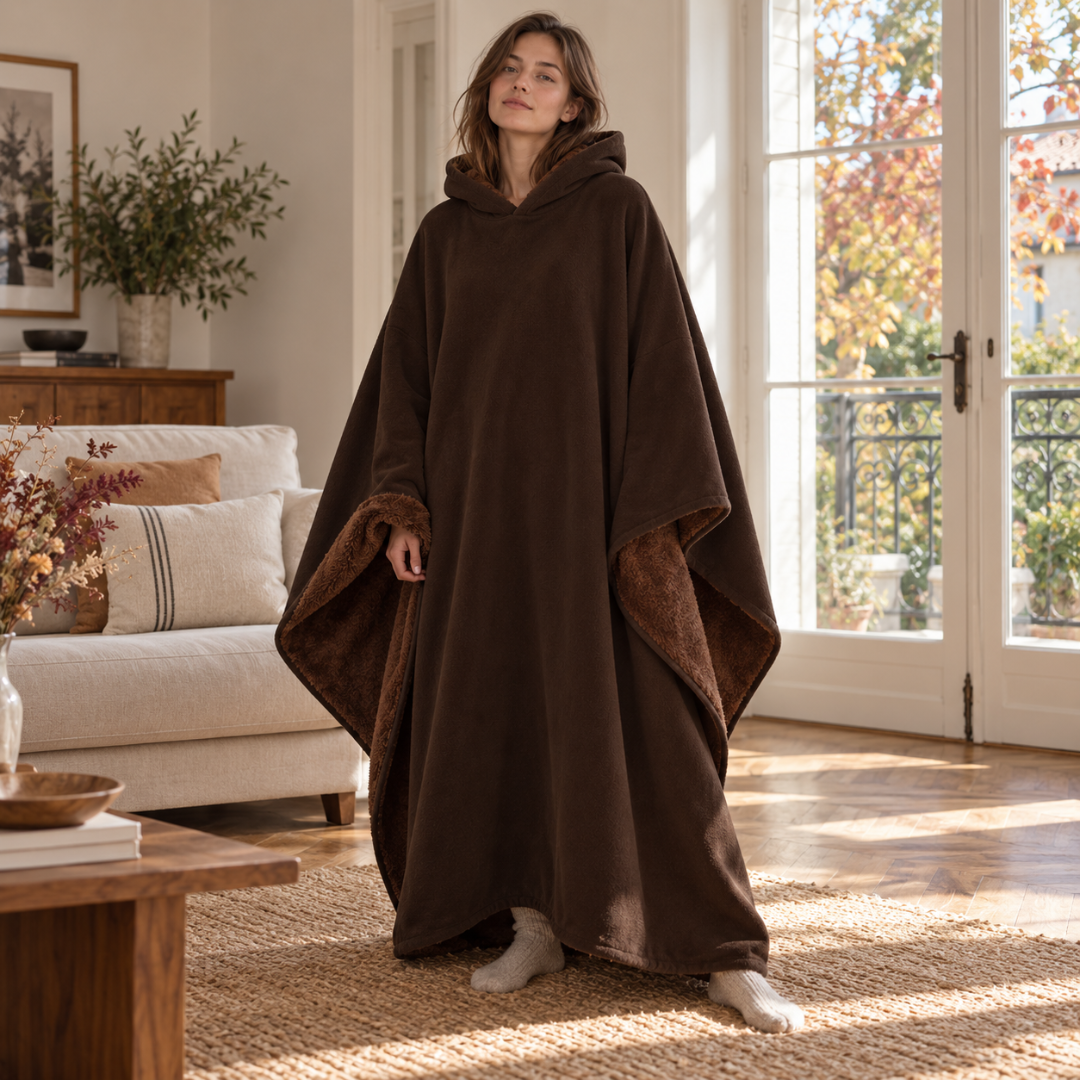 Poncho moka con cappuccio, rovescio a pelo lungo visibile sui bordi laterali