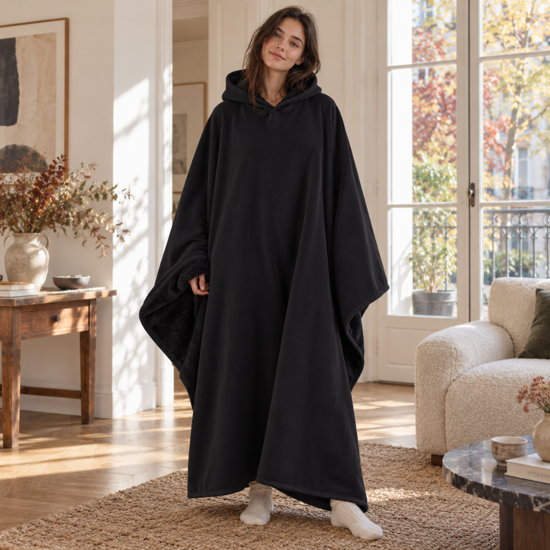 Poncho nero con cappuccio, linea lunga e rovescio a pelo lungo sul lato