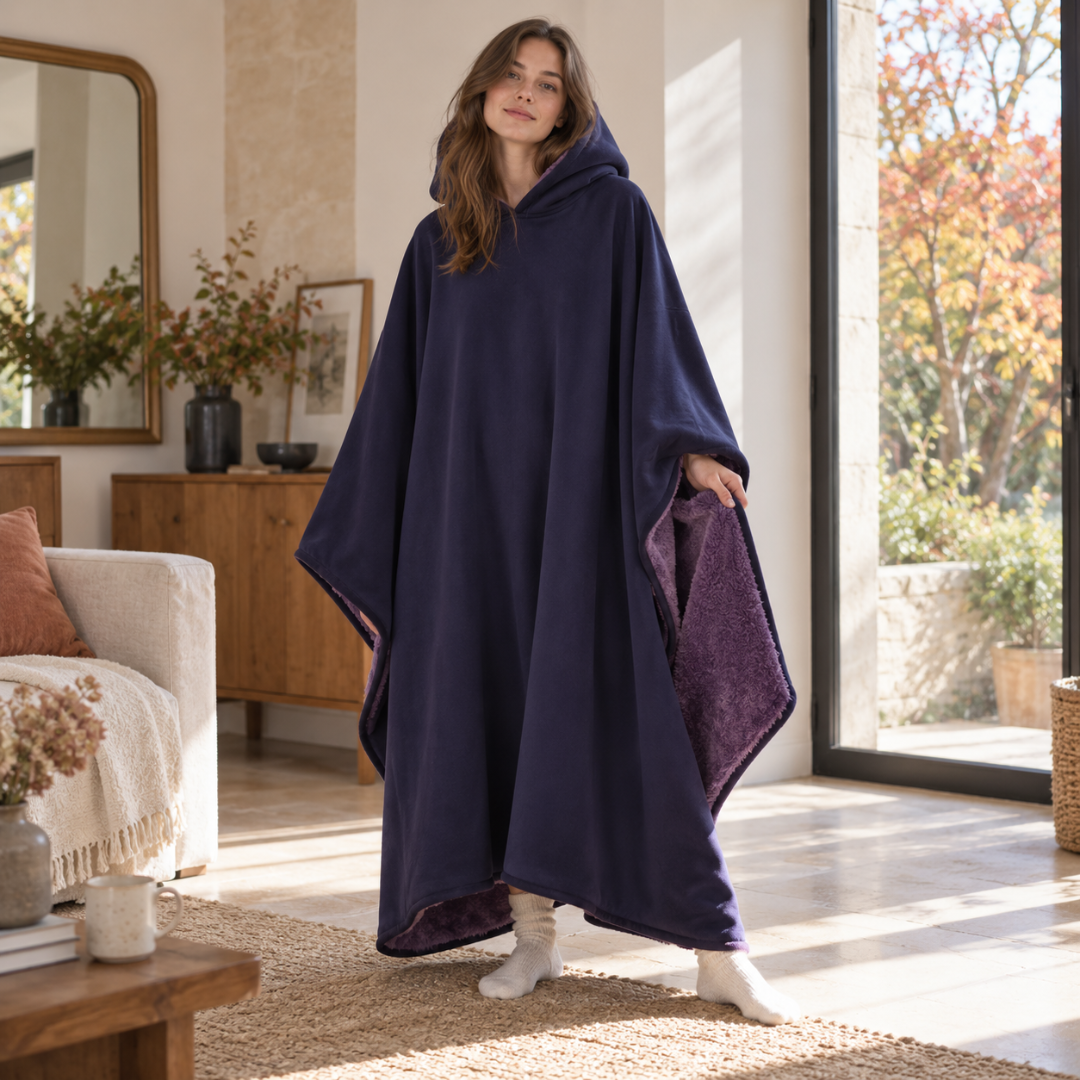 Poncho viola scuro con cappuccio e interno a pelo lungo a contrasto più chiaro