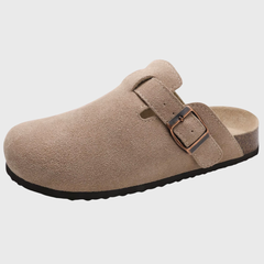 Sabot donna beige con fibbia ramata, tallone aperto e fondo nero