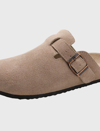 Sabot donna beige con fibbia ramata, tallone aperto e fondo nero