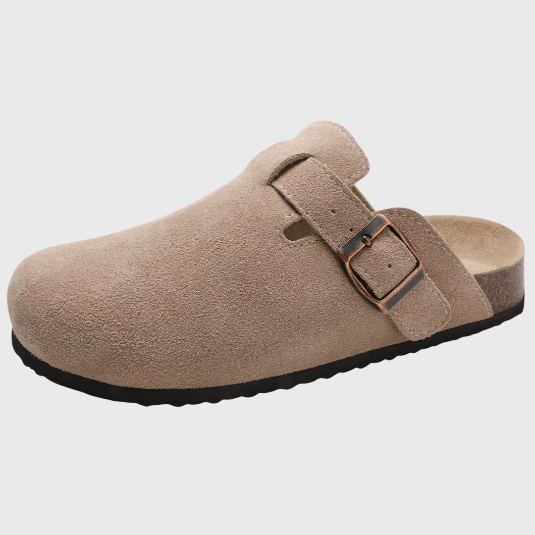 Sabot donna beige con fibbia ramata, tallone aperto e fondo nero