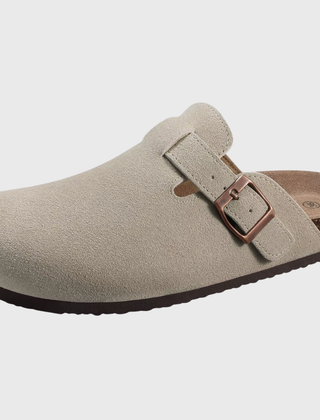 Sabot donna grigio chiaro con fibbia ramata e fondo marrone scanalato