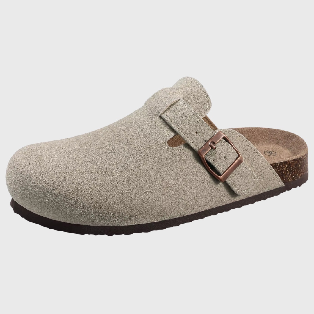 Sabot donna grigio chiaro con fibbia ramata e fondo marrone scanalato