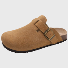 Sabot donna marrone chiaro con fibbia dorata e sottopiede sagomato comodo