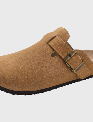 Sabot donna marrone chiaro con fibbia dorata e sottopiede sagomato comodo