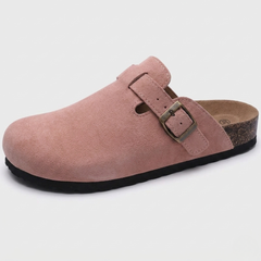 Sabot donna rosa con punta chiusa e fibbia dorata, vista laterale