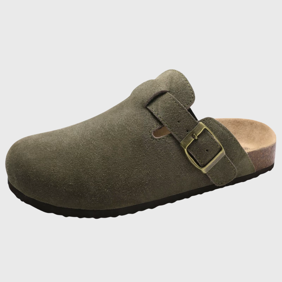 Sabot donna verde oliva con fibbia anticata e fondo nero flessibile