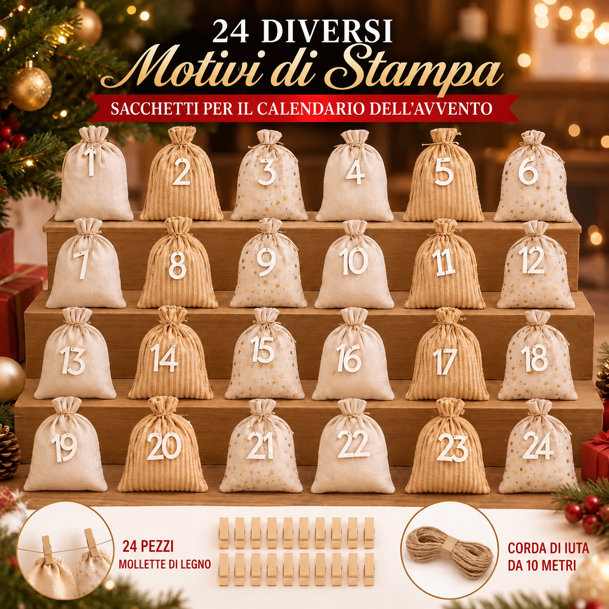 Ventiquattro sacchetti di stoffa numerati disposti su gradini di legno con mollette e spago