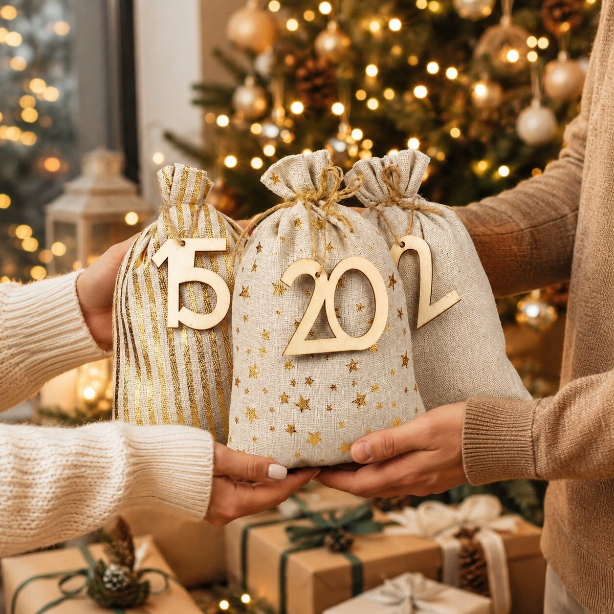 Mani che reggono tre sacchetti numerati chiusi con cordoncino davanti all'albero illuminato