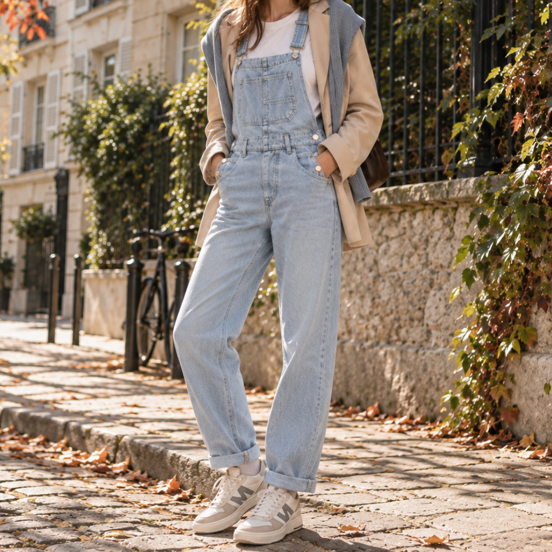 Salopette donna azzurra con pettorina e tasca frontale, orli arrotolati e sneakers chiare