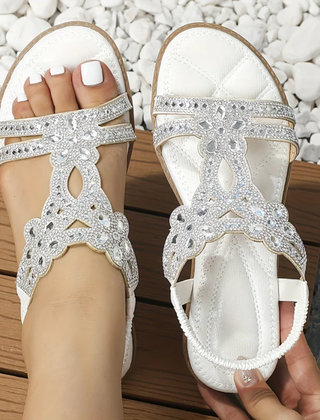 Sandali donna bianchi con pietre luminose e cinturino elastico dietro la caviglia