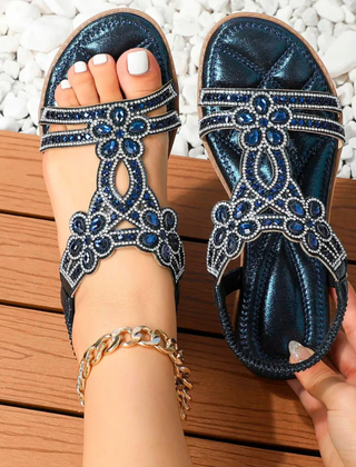 Sandali donna blu navy con pietre luminose e suola bassa sagomata