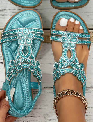 Sandali donna bassi celeste con strass a fiore e sottopiede imbottito