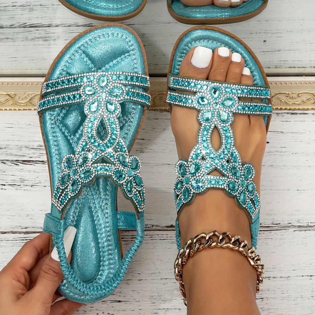 Sandali donna bassi celeste con strass a fiore e sottopiede imbottito
