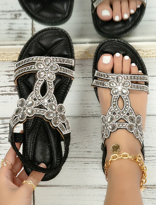 Sandali donna neri con strass chiari e plantare imbottito trapuntato