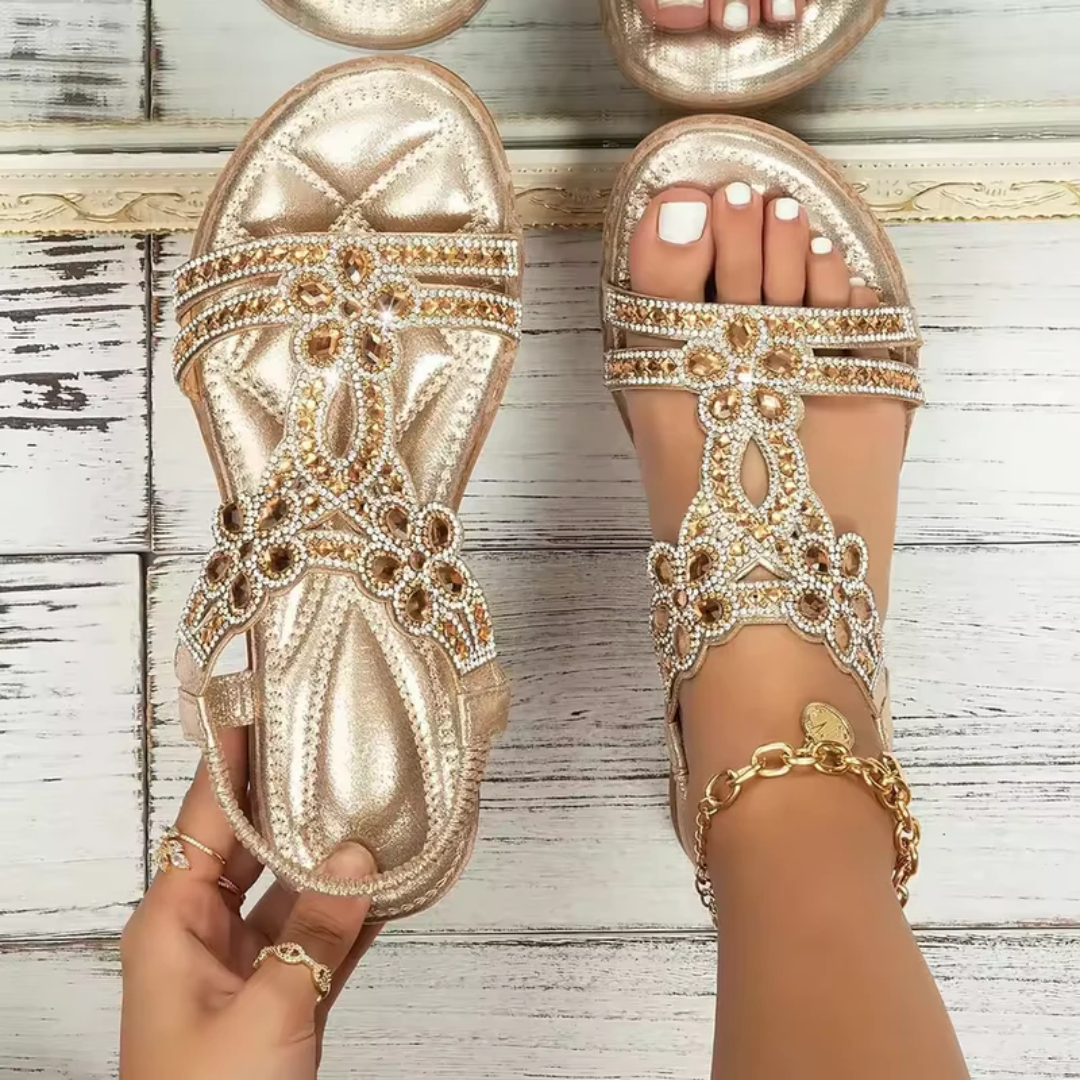Sandali donna oro con strass dorati e sottopiede imbottito luminoso