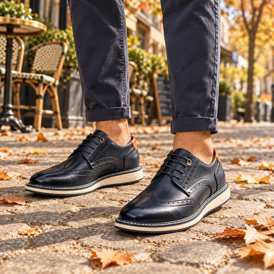 Scarpe brogue uomo blu navy con puntale ad ala traforato e suola bianca