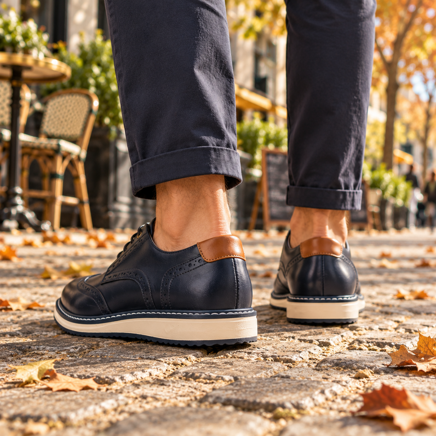 Vista posteriore delle scarpe brogue blu navy con inserto a contrasto sul tallone