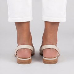 Vista posteriore delle slingback bianche con cinturino piatto e impunture sul tallone