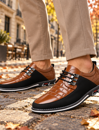 Scarpe stringate uomo marroni con inserti neri e cuciture a riquadri
