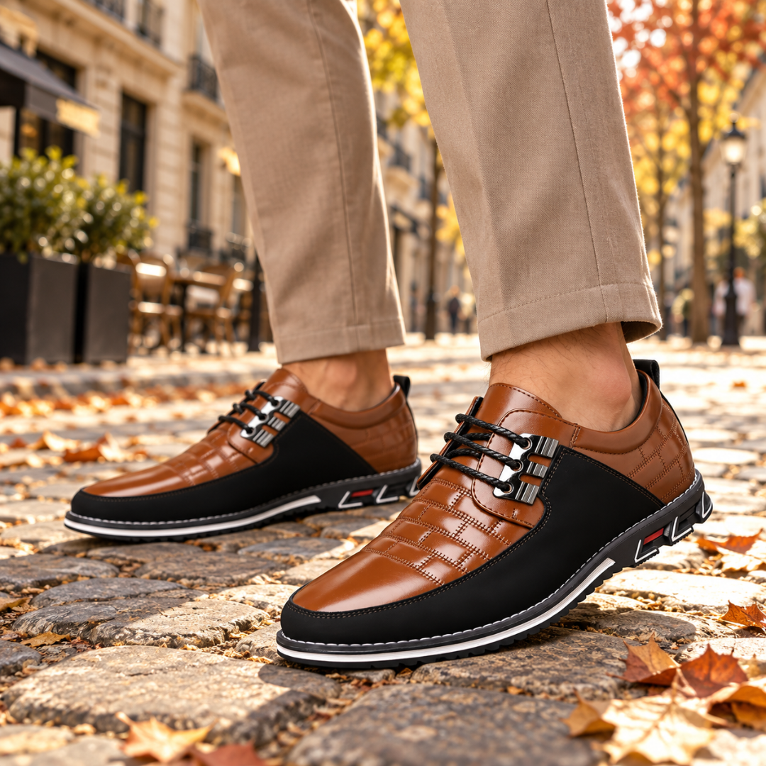 Scarpe stringate uomo marroni con inserti neri e cuciture a riquadri
