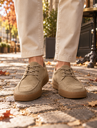 Scarpe stringate uomo beige con suola caramello viste di fronte