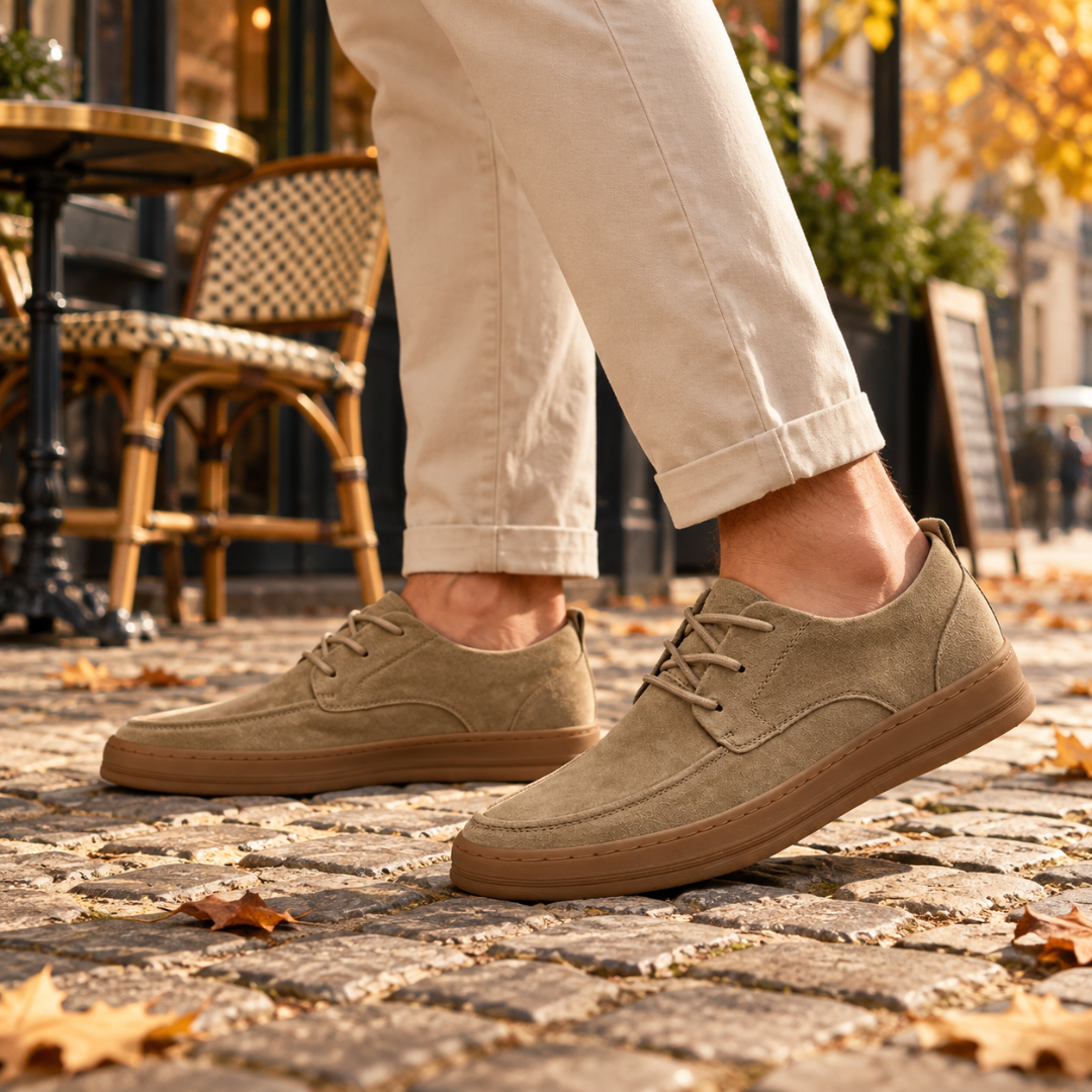 Scarpe uomo beige di profilo con cucitura a vista sulla punta