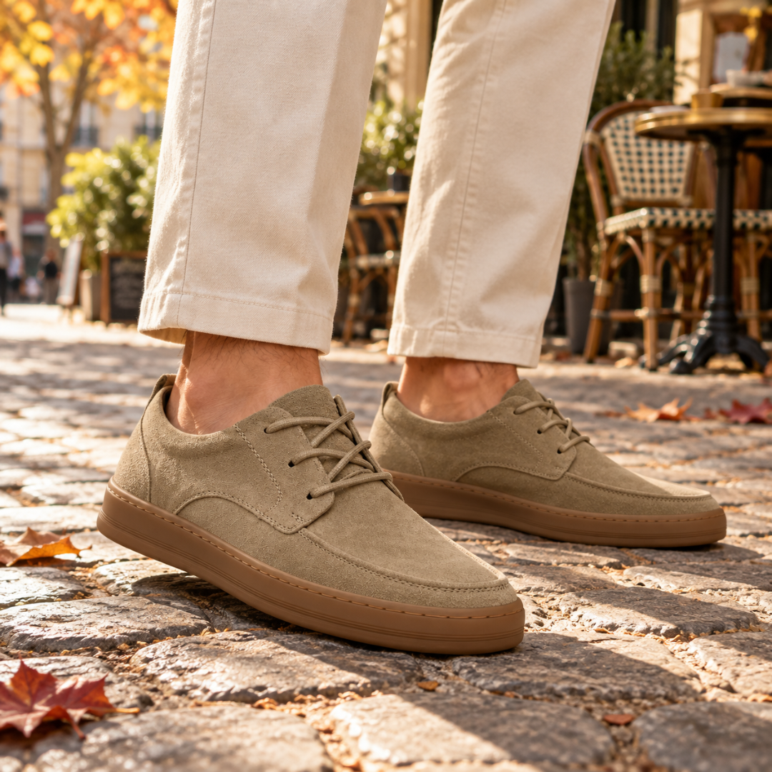 Scarpe basse beige da uomo con lacci tono su tono e suola caramello