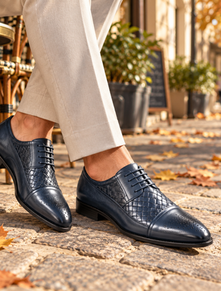 Scarpe stringate uomo blu con inserto intrecciato e punta traforata, indossate su pavé