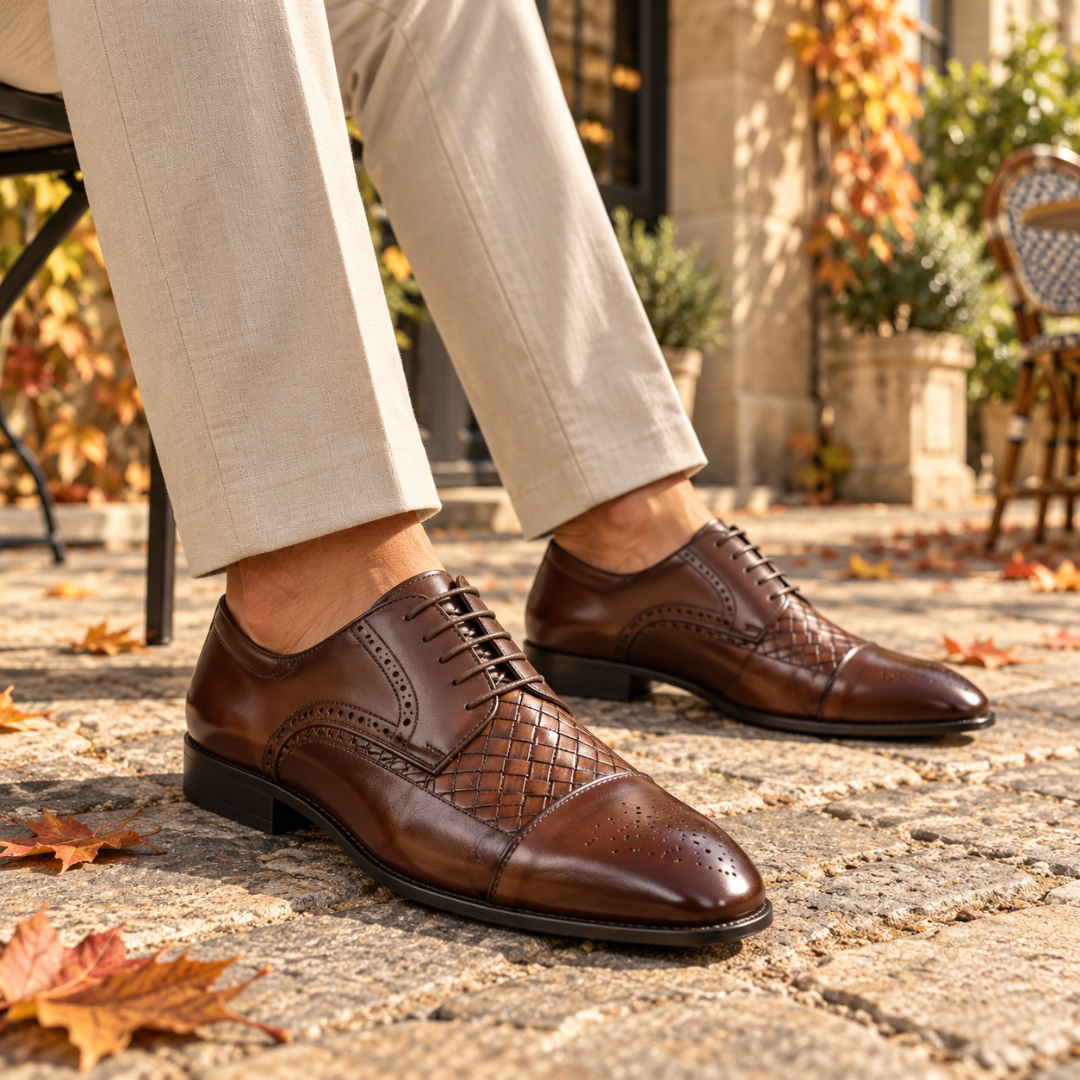 Scarpe stringate uomo marroni con inserto intrecciato e traforature sulla punta