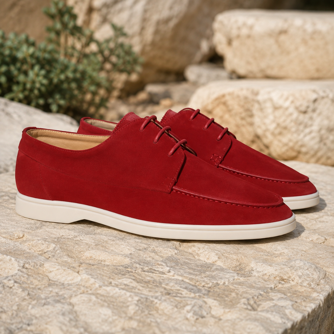 Scarpe stringate uomo rosse con suola bianca e lacci tono su tono
