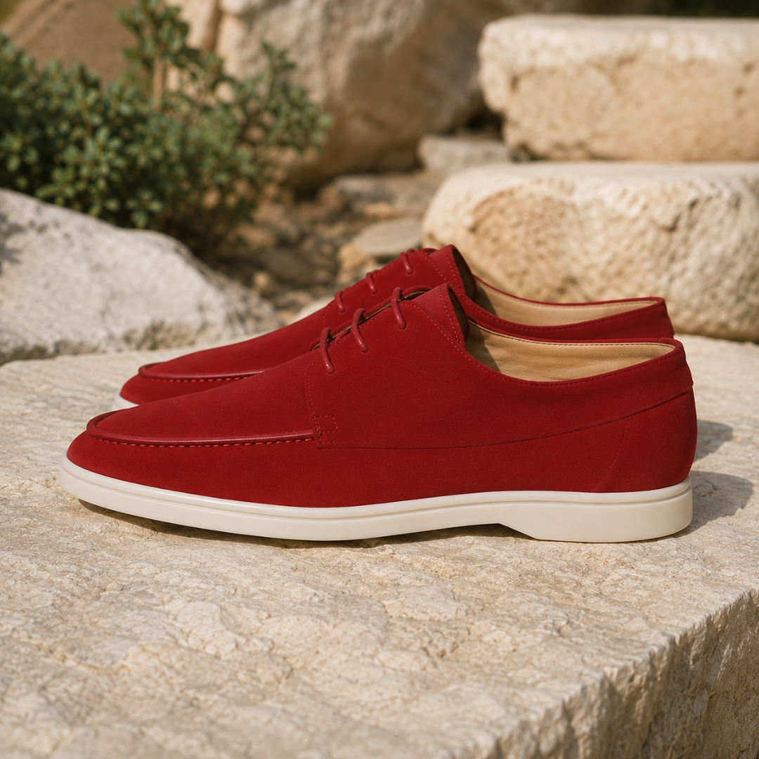 Scarpe rosse da uomo viste di lato con cucitura a mocassino sulla punta