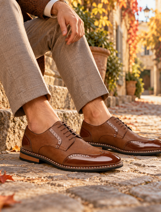 Scarpe brogue uomo marroni con inserti lucidi e fori decorativi sulla punta