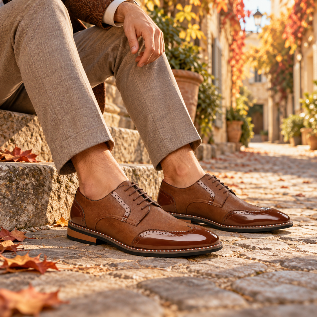 Scarpe brogue uomo marroni con inserti lucidi e fori decorativi sulla punta