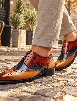 Scarpe uomo brogue multicolore con inserti cognac, blu e rosso e suola scura
