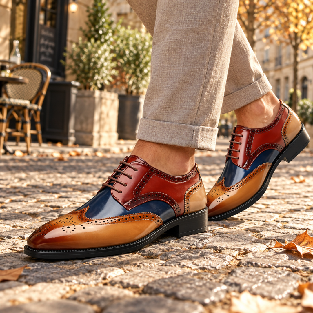 Scarpe uomo brogue multicolore con inserti cognac, blu e rosso e suola scura