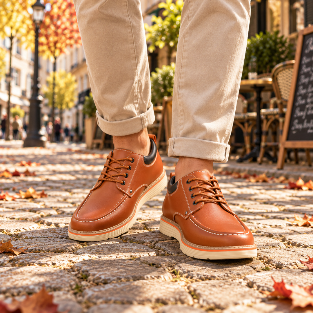 Scarpe stringate uomo marroni viste di fronte con lacci e impunture chiare a contrasto