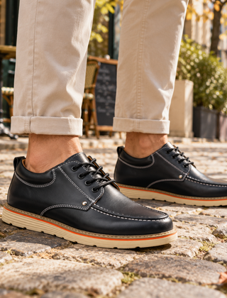 Scarpe uomo stringate nere con impunture bianche a contrasto e suola chiara